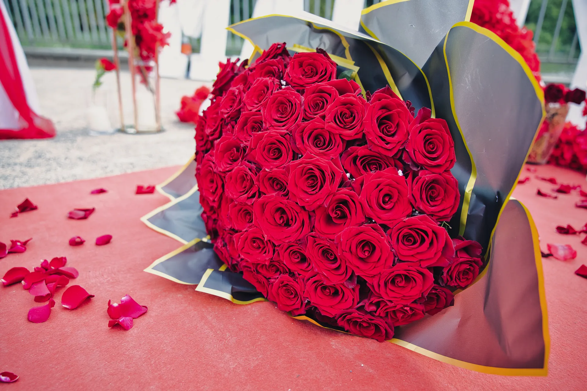 Großer Strauß roter Rosen auf dem Teppich der Heiratsantrag-Dekoration