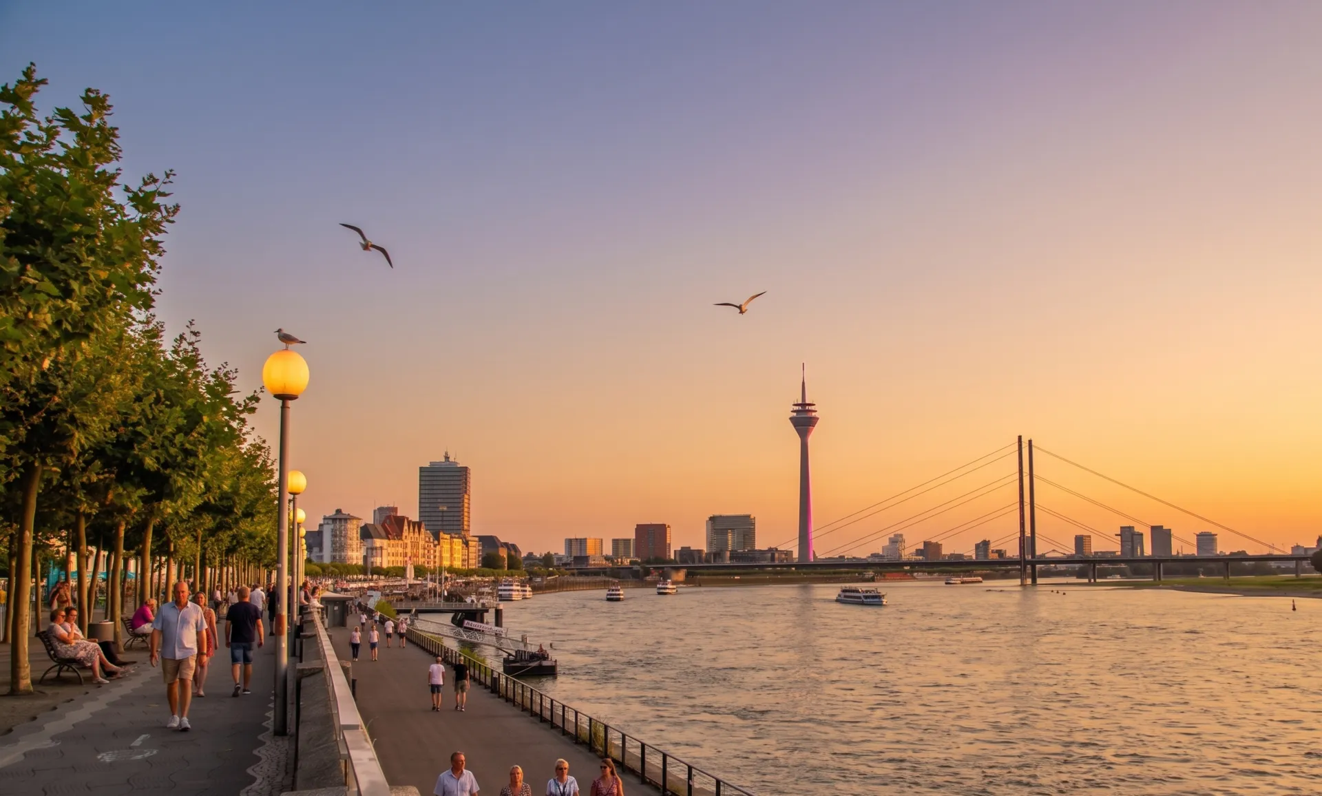 Rheinufer in Düsseldorf als Kulisse für einen romantischen Heiratsantrag